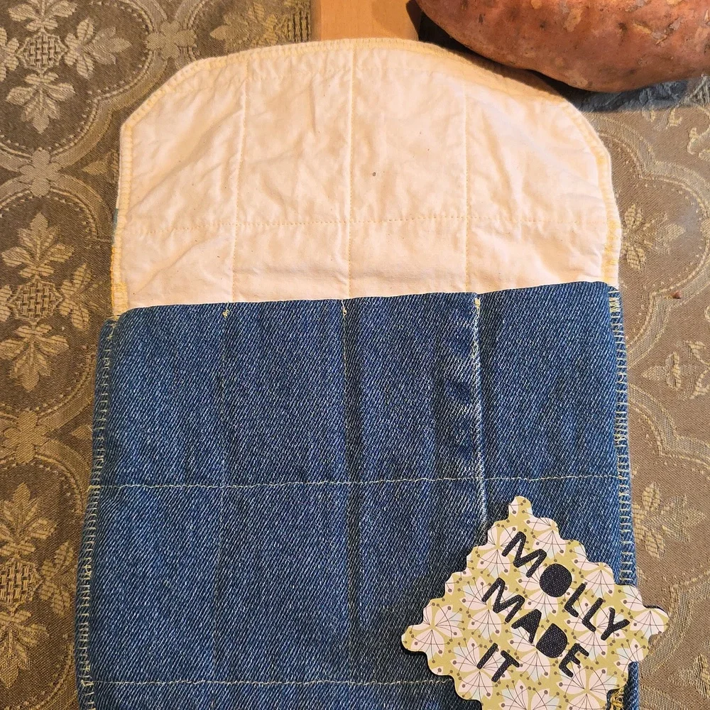 HAND CRAFTED Potato Pouch Microwave UPCYCLED Blue Denim Cotton Carrots 8.5 Inch